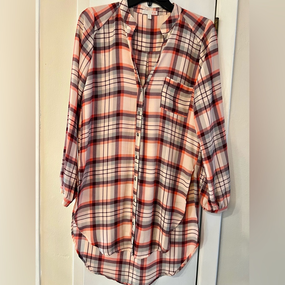 Tunic Length Plaid Pink and Gray Button-Up Long sleeve top